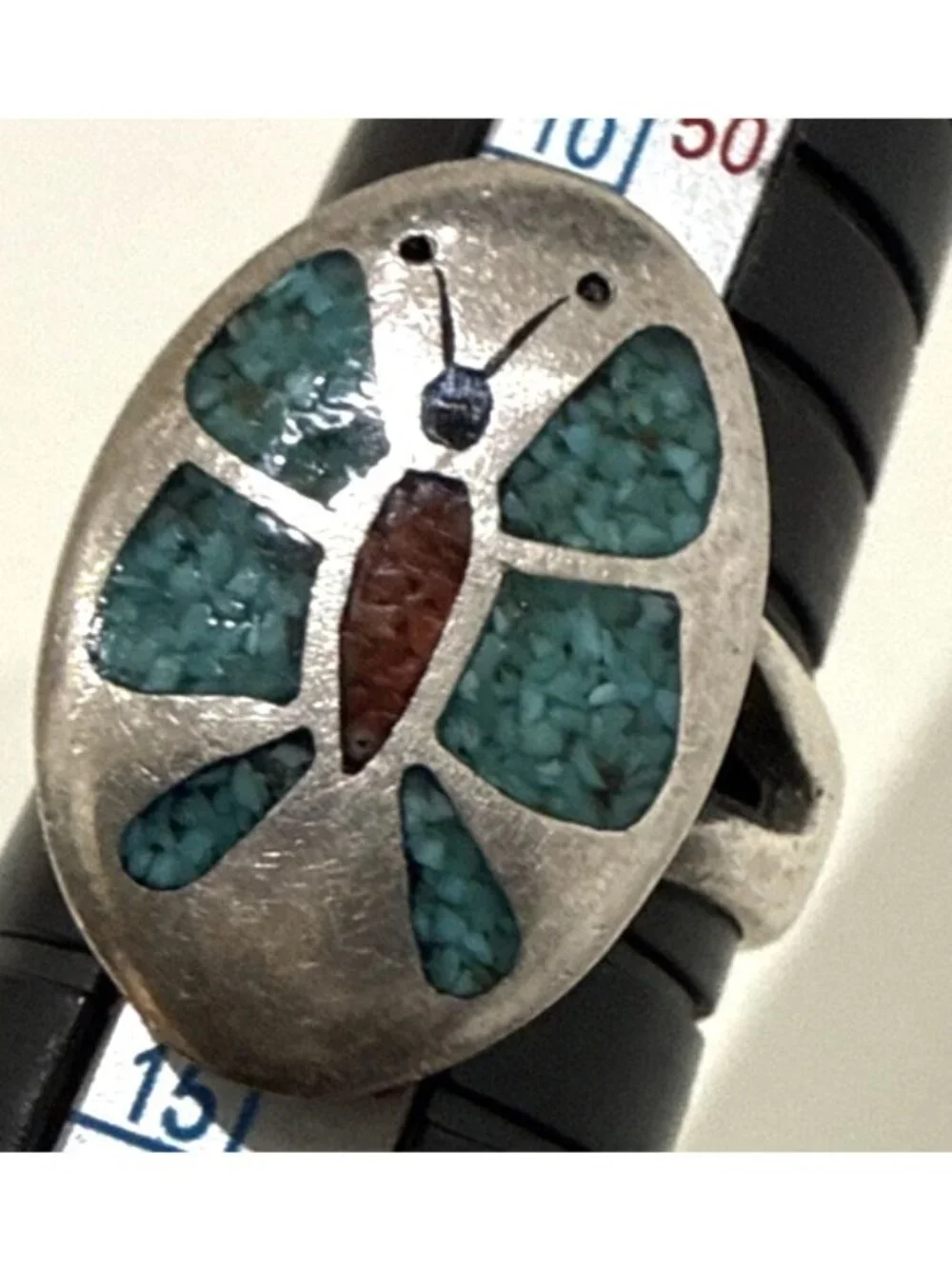 Vintage Native American Coral Turquoise Chip Inlay Silver Ring Southwestern 6.5
